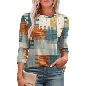 image:imageXIEERDUO 34 Length Sleeve Womens Tops Round Neck Casual Tunic Tops Basic Pleated Shirts Loose Fit 2026Patternedorange and Blue Plaid