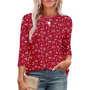 image:imageXIEERDUO 34 Length Sleeve Womens Tops Round Neck Casual Tunic Tops Basic Pleated Shirts Loose Fit 2026Patternedred Print