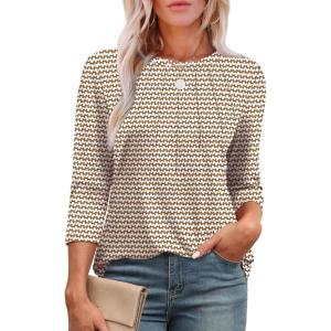 image:imageXIEERDUO 34 Length Sleeve Womens Tops Round Neck Casual Tunic Tops Basic Pleated Shirts Loose Fit 2026Patternedstripe
