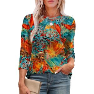 image:imageXIEERDUO 34 Length Sleeve Womens Tops Round Neck Casual Tunic Tops Basic Pleated Shirts Loose Fit 2026Patternedsummer Floral