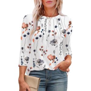 image:imageXIEERDUO 34 Length Sleeve Womens Tops Round Neck Casual Tunic Tops Basic Pleated Shirts Loose Fit 2026Patternedwhite Floral