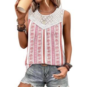 image:imageXIEERDUO Womens Tank Tops Sleeveless Lace Crochet Boho Tops Loose Fit Pleated Tunics Crewneck Summer Vacation Outfits FlowyPatternedprint