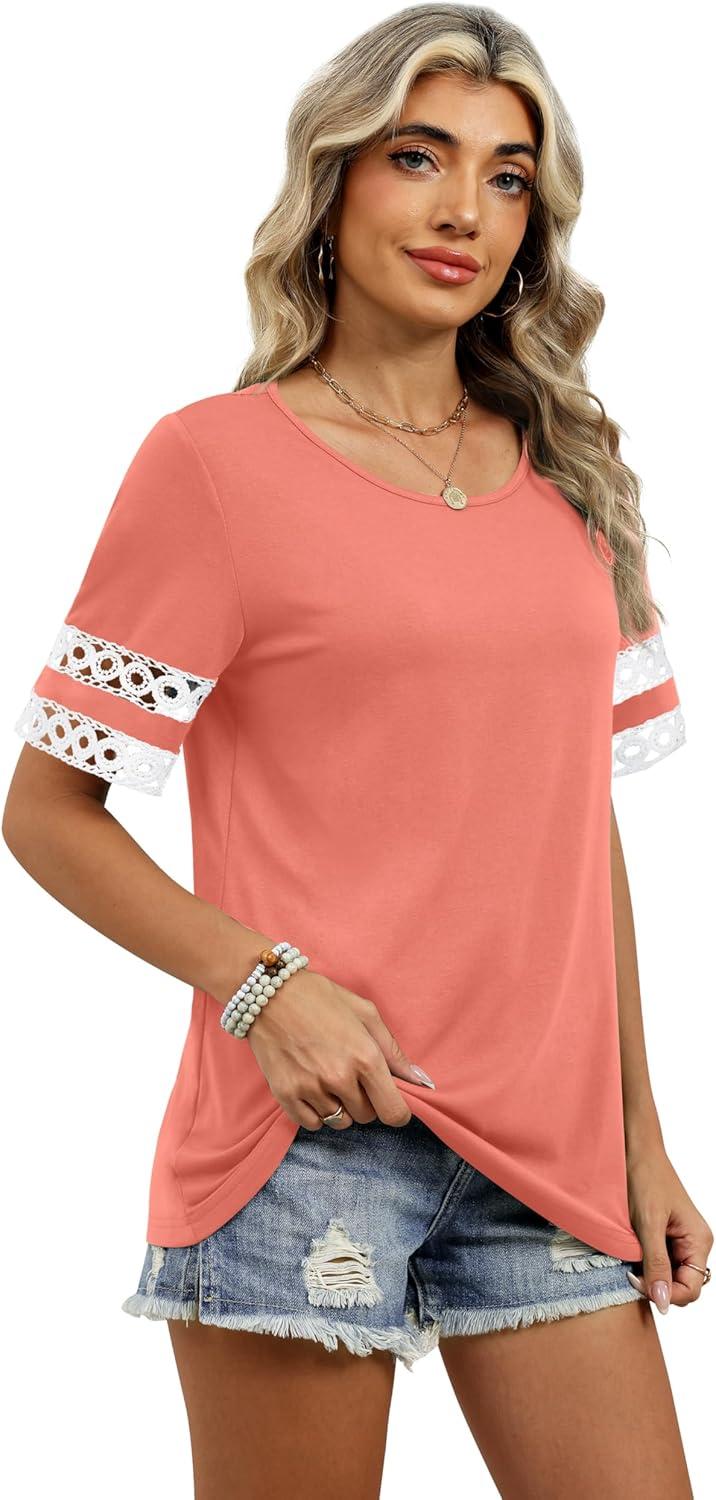 image:imageXIEERDUO Women Blouses Dressy Casual Summer Tops Color Block Short Sleeve Shirts Fashion Business Casual OutfitsCoral