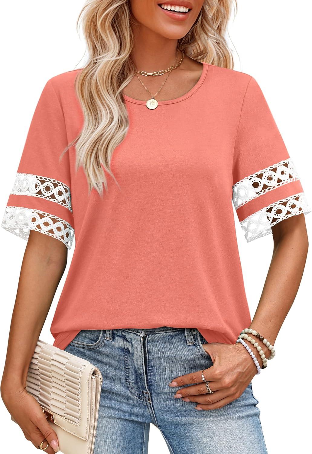 image:imageXIEERDUO Women Blouses Dressy Casual Summer Tops Color Block Short Sleeve Shirts Fashion Business Casual OutfitsCoral