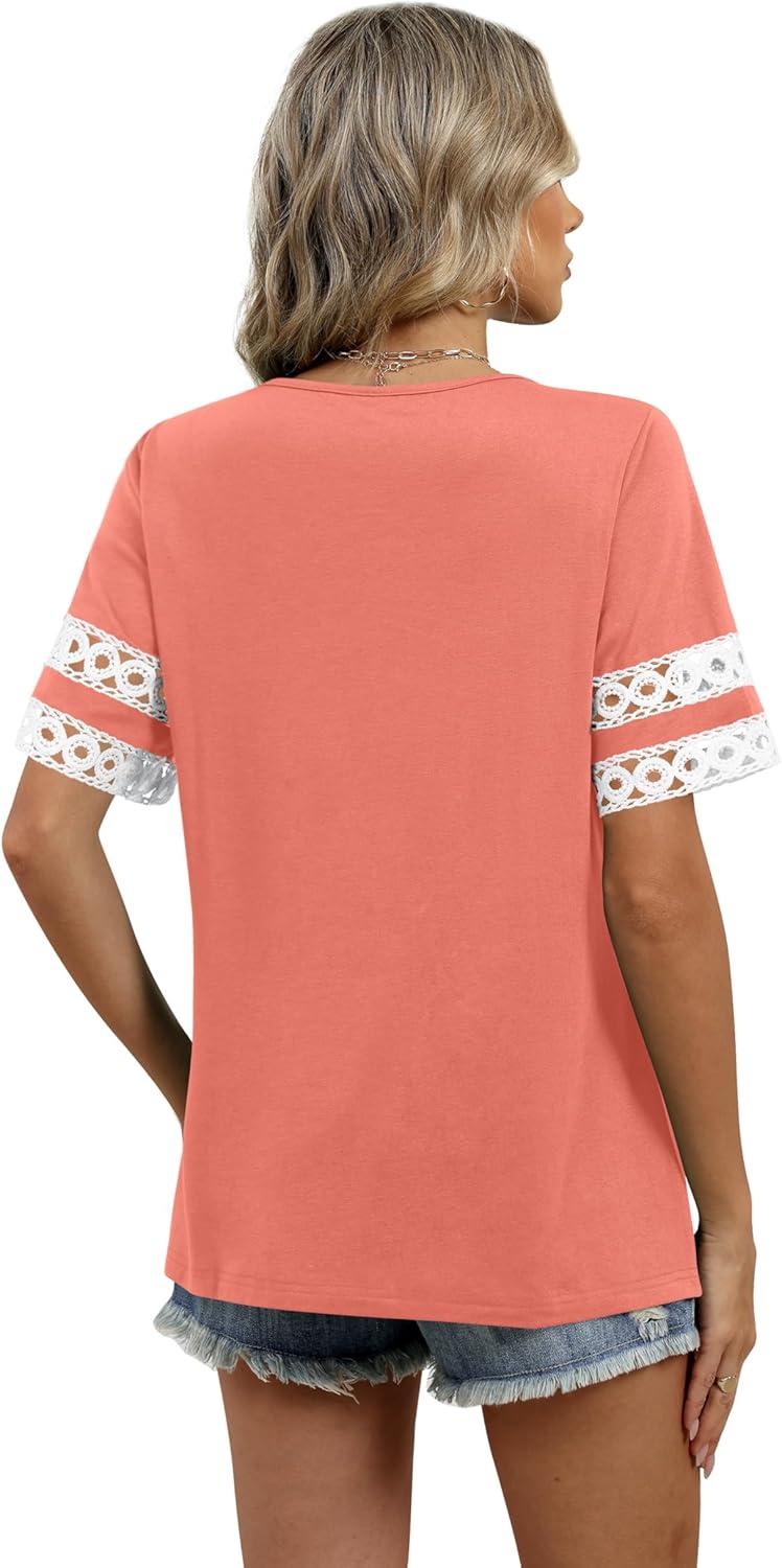 image:imageXIEERDUO Women Blouses Dressy Casual Summer Tops Color Block Short Sleeve Shirts Fashion Business Casual OutfitsCoral