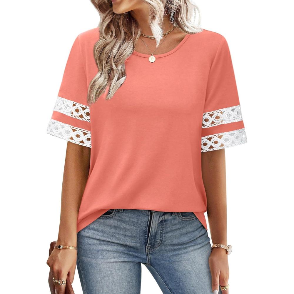 image:imageXIEERDUO Women Blouses Dressy Casual Summer Tops Color Block Short Sleeve Shirts Fashion Business Casual OutfitsCoral