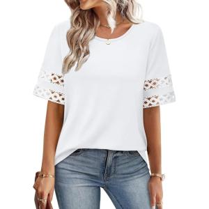 image:imageXIEERDUO Women Blouses Dressy Casual Summer Tops Color Block Short Sleeve Shirts Fashion Business Casual OutfitsA White