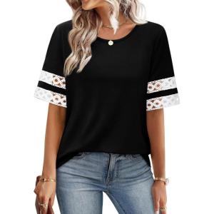 image:imageXIEERDUO Women Blouses Dressy Casual Summer Tops Color Block Short Sleeve Shirts Fashion Business Casual OutfitsBlack