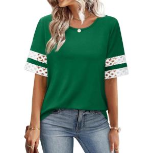 image:imageXIEERDUO Women Blouses Dressy Casual Summer Tops Color Block Short Sleeve Shirts Fashion Business Casual OutfitsGreen
