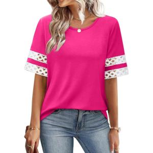 image:imageXIEERDUO Women Blouses Dressy Casual Summer Tops Color Block Short Sleeve Shirts Fashion Business Casual OutfitsHot Pink