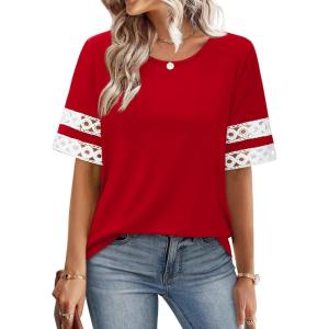 image:imageXIEERDUO Women Blouses Dressy Casual Summer Tops Color Block Short Sleeve Shirts Fashion Business Casual OutfitsRed