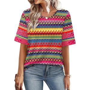 image:imageXIEERDUO Women Blouses Dressy Casual Summer Tops Color Block Short Sleeve Shirts Fashion Business Casual OutfitsZ Colorful Stripe
