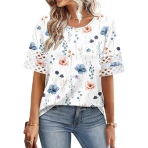 image:imageXIEERDUO Women Blouses Dressy Casual Summer Tops Color Block Short Sleeve Shirts Fashion Business Casual OutfitsZ White Floral