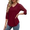 image:imageXIEERDUO 34 Length Sleeve Womens Tops VNeck Lace Tunic Tops Business Casual Outfits Work Blouses Dressy 2026Burgundy