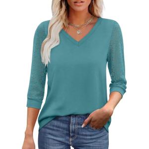 image:imageXIEERDUO 34 Length Sleeve Womens Tops VNeck Lace Tunic Tops Business Casual Outfits Work Blouses Dressy 2026Blue Green