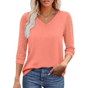 image:imageXIEERDUO 34 Length Sleeve Womens Tops VNeck Lace Tunic Tops Business Casual Outfits Work Blouses Dressy 2026Coral