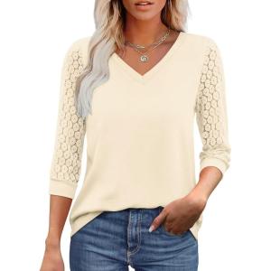 image:imageXIEERDUO 34 Length Sleeve Womens Tops VNeck Lace Tunic Tops Business Casual Outfits Work Blouses Dressy 2026Cream Apricot