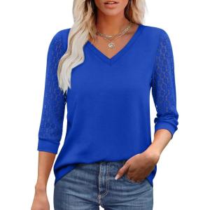 image:imageXIEERDUO 34 Length Sleeve Womens Tops VNeck Lace Tunic Tops Business Casual Outfits Work Blouses Dressy 2026Dark Blue