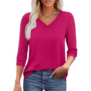 image:imageXIEERDUO 34 Length Sleeve Womens Tops VNeck Lace Tunic Tops Business Casual Outfits Work Blouses Dressy 2026Hot Pink
