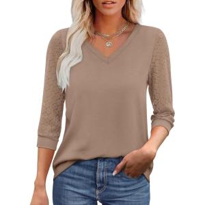 image:imageXIEERDUO 34 Length Sleeve Womens Tops VNeck Lace Tunic Tops Business Casual Outfits Work Blouses Dressy 2026Khaki