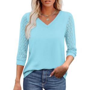 image:imageXIEERDUO 34 Length Sleeve Womens Tops VNeck Lace Tunic Tops Business Casual Outfits Work Blouses Dressy 2026Light Blue