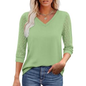 image:imageXIEERDUO 34 Length Sleeve Womens Tops VNeck Lace Tunic Tops Business Casual Outfits Work Blouses Dressy 2026Light Green