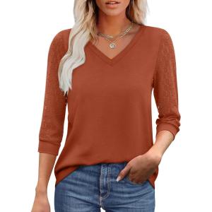 image:imageXIEERDUO 34 Length Sleeve Womens Tops VNeck Lace Tunic Tops Business Casual Outfits Work Blouses Dressy 2026Maple