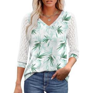 image:imageXIEERDUO 34 Length Sleeve Womens Tops VNeck Lace Tunic Tops Business Casual Outfits Work Blouses Dressy 2026Patternedboho Leaf