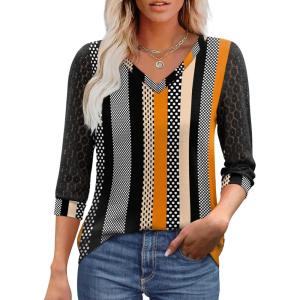 image:imageXIEERDUO 34 Length Sleeve Womens Tops VNeck Lace Tunic Tops Business Casual Outfits Work Blouses Dressy 2026Patternedkhaki Stripe