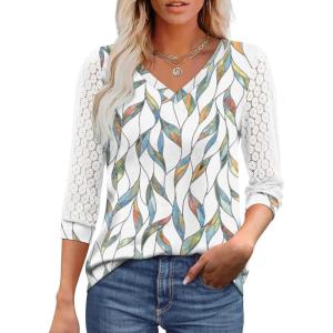 image:imageXIEERDUO 34 Length Sleeve Womens Tops VNeck Lace Tunic Tops Business Casual Outfits Work Blouses Dressy 2026Patternedwhite Print