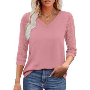 image:imageXIEERDUO 34 Length Sleeve Womens Tops VNeck Lace Tunic Tops Business Casual Outfits Work Blouses Dressy 2026Pink