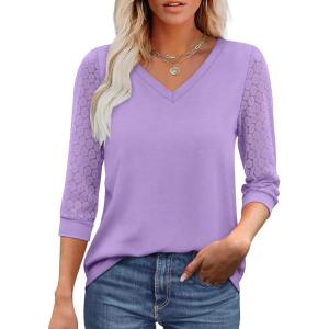 image:imageXIEERDUO 34 Length Sleeve Womens Tops VNeck Lace Tunic Tops Business Casual Outfits Work Blouses Dressy 2026Purple