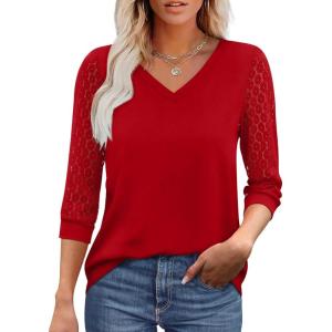 image:imageXIEERDUO 34 Length Sleeve Womens Tops VNeck Lace Tunic Tops Business Casual Outfits Work Blouses Dressy 2026Red