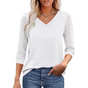 image:imageXIEERDUO 34 Length Sleeve Womens Tops VNeck Lace Tunic Tops Business Casual Outfits Work Blouses Dressy 2026White