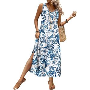 image:imageXIEERDUO Maxi Dresses for Women 2026 Beach Vacation Clothes Sleeveless Summer Boho Sundresses with Pockets S2XlVintage Blue Floral