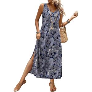 image:imageXIEERDUO Maxi Summer Dresses for Women 2026 Beach Vacation Clothes Spring Boho Cruise Sundresses with Pockets S2XlGrey Blue Pattern