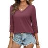 image:imageXIEERDUO 34 Length Sleeve Womens Tops Dressy Casual Blouses for Women 2026 Trendy V Neck T Shirts Summer ClothesWine Red