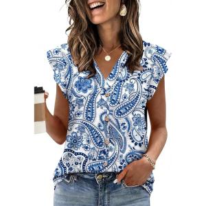 image:imageWomens Tops Ruffle Sleeve Shirts Ladies Tops and Blouses Spring Clothes Tank Tops for Women Business Casual Outfits 2026Blue Floral