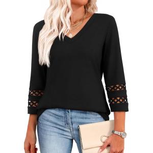 image:imageXIEERDUO 34 Length Sleeve Womens Tops Dressy Casual Blouses for Women 2026 Trendy V Neck T Shirts Summer ClothesBlack