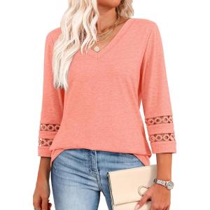 image:imageXIEERDUO 34 Length Sleeve Womens Tops Dressy Casual Blouses for Women 2026 Trendy V Neck T Shirts Summer ClothesCoral