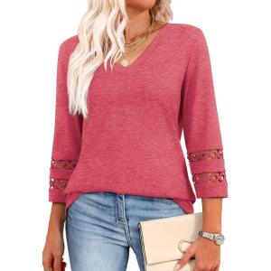 image:imageXIEERDUO 34 Length Sleeve Womens Tops Dressy Casual Blouses for Women 2026 Trendy V Neck T Shirts Summer ClothesCoral Pink