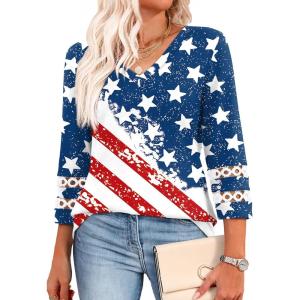 image:imageXIEERDUO 34 Length Sleeve Womens Tops Dressy Casual Blouses for Women 2026 Trendy V Neck T Shirts Summer ClothesFlag B