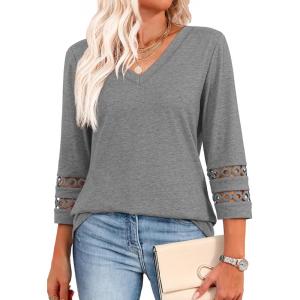 image:imageXIEERDUO 34 Length Sleeve Womens Tops Dressy Casual Blouses for Women 2026 Trendy V Neck T Shirts Summer ClothesGrey