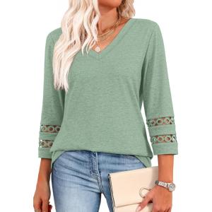 image:imageXIEERDUO 34 Length Sleeve Womens Tops Dressy Casual Blouses for Women 2026 Trendy V Neck T Shirts Summer ClothesLight Green