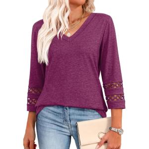 image:imageXIEERDUO 34 Length Sleeve Womens Tops Dressy Casual Blouses for Women 2026 Trendy V Neck T Shirts Summer ClothesMaroon