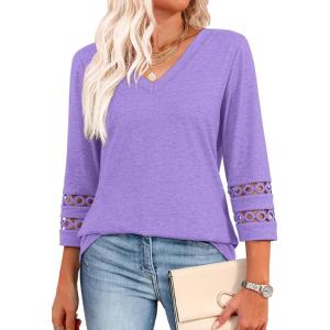 image:imageXIEERDUO 34 Length Sleeve Womens Tops Dressy Casual Blouses for Women 2026 Trendy V Neck T Shirts Summer ClothesPurple