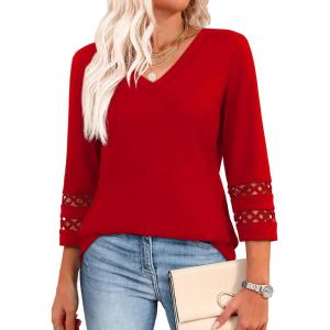 image:imageXIEERDUO 34 Length Sleeve Womens Tops Dressy Casual Blouses for Women 2026 Trendy V Neck T Shirts Summer ClothesRed