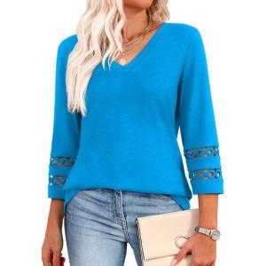 image:imageXIEERDUO 34 Length Sleeve Womens Tops Dressy Casual Blouses for Women 2026 Trendy V Neck T Shirts Summer ClothesSky Blue