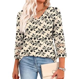 image:imageXIEERDUO 34 Length Sleeve Womens Tops Dressy Casual Blouses for Women 2026 Trendy V Neck T Shirts Summer ClothesZ Beige Printed