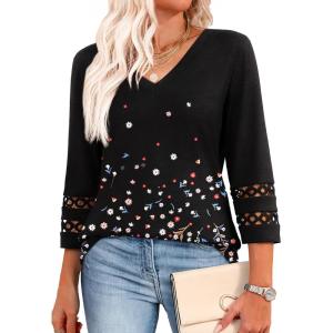 image:imageXIEERDUO 34 Length Sleeve Womens Tops Dressy Casual Blouses for Women 2026 Trendy V Neck T Shirts Summer ClothesZ Black Printed